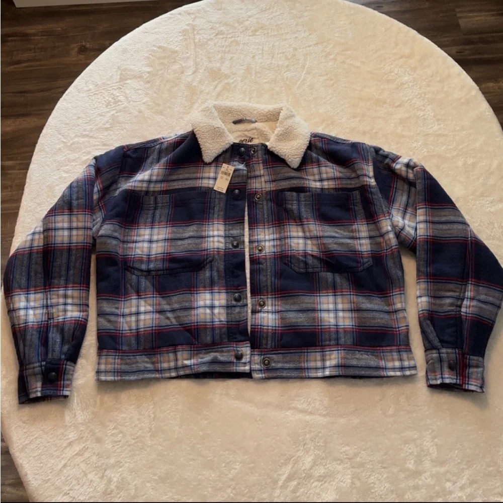 New, Aerie Cropped Plaid Sherpa Jacket - Picture 2 of 16